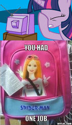 Size: 430x751 | Tagged: safe, twilight sparkle, g4, barbie, exploitable meme, facehoof, irl, male, photo, spider-man, tv meme, you had one job