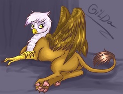 Size: 800x607 | Tagged: safe, artist:donenaya, gilda, griffon, g4, claws, female, long nails, looking at you, paw pads, paws, prone, solo, spread wings