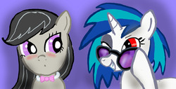 Size: 2125x1080 | Tagged: safe, artist:teamlars, dj pon-3, octavia melody, vinyl scratch, earth pony, pony, unicorn, g4, blushing, one eye closed, wink