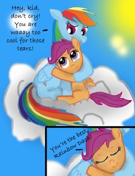 Size: 720x936 | Tagged: safe, artist:teamlars, rainbow dash, scootaloo, pegasus, pony, g4, cloud, crying, dialogue, scootalove, sky