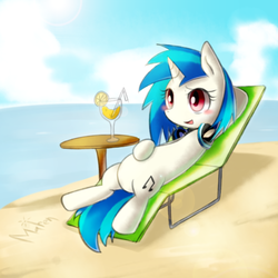 Size: 1500x1500 | Tagged: safe, artist:maren, dj pon-3, vinyl scratch, pony, unicorn, g4, beach, drink, female, headphones, lemonade, mare, solo