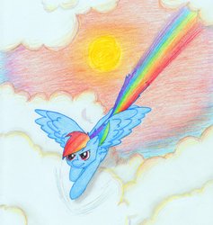 Size: 1562x1650 | Tagged: safe, artist:maniacalmelody, rainbow dash, pony, g4, cloud, cloudy, female, flying, sky, solo, sun, traditional art