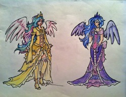 Size: 2526x1936 | Tagged: safe, artist:cqal, princess celestia, princess luna, human, g4, clothes, colored pencil drawing, derse, dress, duo, female, homestuck, humanized, prospit, siblings, sisters, traditional art, winged humanization