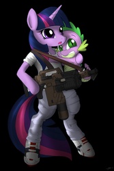 Size: 1000x1495 | Tagged: safe, artist:mirapony, spike, twilight sparkle, alien, dragon, g4, boots, clothes, female, gun, holding on, male, mare, marine, military pony, military uniform, parody, shoes, soldier, soldier pony, uniform