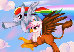 Size: 1000x700 | Tagged: safe, artist:chico-2013, gilda, rainbow dash, griffon, g4