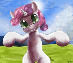 Size: 2025x1743 | Tagged: safe, artist:owlvortex, sweetie belle, g4, bipedal, day, grin, looking at you, smiling, standing, sunlight