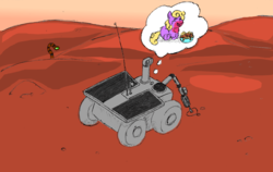 Size: 1423x898 | Tagged: safe, artist:fluffsplosion, cyborg, fluffy pony, mars rover, spaghetti