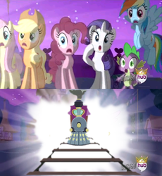 Size: 765x832 | Tagged: safe, applejack, fluttershy, pinkie pie, rainbow dash, rarity, spike, pony, g4, alicorn flash, exploitable meme, friendship express, hub logo, meme, this will end in death, this will not end well, train, train tracks