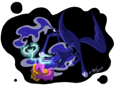 Size: 900x675 | Tagged: safe, artist:hi-agni, princess luna, scootaloo, g4, dream walker luna, sleeping