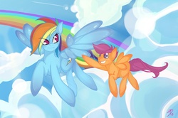 Size: 1200x797 | Tagged: safe, artist:falleninthedark, rainbow dash, scootaloo, g4, cloud, cloudy, rainbow, scootaloo can fly, smiling