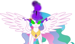 Size: 5170x3033 | Tagged: safe, artist:kramze, princess celestia, pony, g4, dark magic, female, high res, jewelry, magic, mare, peytral, simple background, solo, sombra eyes, spread wings, tiara, transparent background, vector, wings