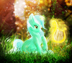 Size: 738x645 | Tagged: safe, artist:eliasilen, lyra heartstrings, pony, g4, female, grass, lyre, magic, solo, telekinesis