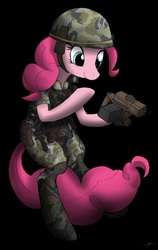 Size: 1000x1580 | Tagged: safe, artist:mirapony, pinkie pie, alien, earth pony, pony, unicorn, g4, black background, boots, camouflage, clothes, female, gun, helmet, mare, marine, military, military pony, military uniform, pants, parody, shoes, simple background, smiling, soldier, soldier pony, uniform