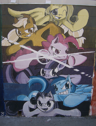 Size: 2128x2800 | Tagged: safe, artist:ripfrost, applejack, fluttershy, pinkie pie, rainbow dash, rarity, twilight sparkle, pony, unicorn, g4, action pose, graffiti, grin, looking at you, mane six, one eye closed, open mouth, photo, smiling, street art, traditional art, underhoof