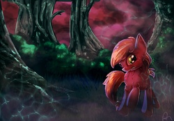 Size: 2300x1600 | Tagged: safe, artist:72-hours-remain, applejack, earth pony, pony, g4, female, forest, scared, scenery, solo