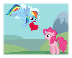Size: 6000x4800 | Tagged: safe, artist:smlahyee, pinkie pie, rainbow dash, earth pony, pegasus, pony, g4, absurd resolution, cloud, day, female, lesbian, looking at each other, ship:pinkiedash, shipping, valentine's day
