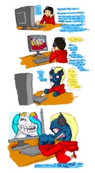 Size: 2850x5198 | Tagged: safe, artist:redblacktac, fluttershy, princess celestia, oc, human, pony, dragonshy, g4, bloodshot eyes, brony, clothes, comic, computer mouse, dialogue, headphones, hoodie, human male, human to pony, keyboard, male, meme, monitor, simple background, text, transformation, troll, trollestia, trollface, white background