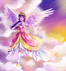 Size: 926x1000 | Tagged: safe, artist:shiron2611, twilight sparkle, human, g4, bracelet, choker, clothes, cloud, cloudy, dress, eared humanization, female, high heels, horn, horned humanization, humanized, night, pony coloring, solo, sunset, twilight sparkle (alicorn), winged humanization