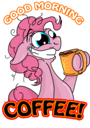 Size: 3508x4961 | Tagged: safe, artist:toonlancer, pinkie pie, earth pony, pony, g4, coffee, female, morning ponies, pinkie found the coffee, simple background, smiling, solo, transparent background, xk-class end-of-the-world scenario