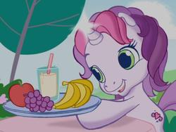 Size: 640x480 | Tagged: safe, screencap, sweetie belle (g3), g3, g3.5, apple, banana, cute, diasweetes, glowing, grapes, magic, milkshake, plate, sweetie belle's magic brings a great big smile