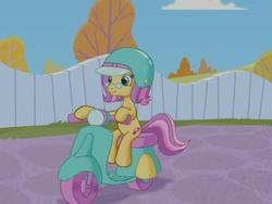 Size: 640x480 | Tagged: safe, screencap, mayor flitter flutter, earth pony, pony, g3, g3.5, twinkle wish adventure, female, fence, glasses, helmet, mare, motorcycle, solo