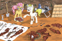 Size: 1500x1000 | Tagged: safe, artist:madhotaru, oc, earth pony, pony, unicorn, fallout equestria, applejack's rangers, archaeology, bone, crossover, dead, dirty, fallout, female, future, glasses, grenade, headband, lantern, magic, mare, metal, pointing, power armor, powered exoskeleton, radio, shovel, steel ranger, telekinesis