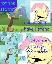 Size: 982x1194 | Tagged: safe, artist:elnachato, discord, fluttershy, rainbow dash, g4, keep calm and flutter on, animated, comic sans, element of loyalty, it keeps happening, needs more jpeg, not salmon, pixelated, spinning, stare, stylistic suck, sweet bro and hella jeff, the stare, wat