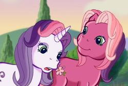 Size: 995x668 | Tagged: safe, screencap, cheerilee (g3), sweetie belle (g3), earth pony, pony, unicorn, g3, meet the ponies, starsong's dance & sing party, cute, duo, duo female, female, g3 cheeribetes, g3 diasweetes, mare, open mouth, outdoors, smiling, talking, varying degrees of want