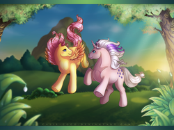 Size: 1024x764 | Tagged: safe, artist:calie-coco, fluttershy, twilight, g1, g4, commission, dusk (rule 63), g4 to g1, generation leap, rule 63
