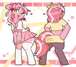 Size: 1280x1128 | Tagged: safe, artist:redintravenous, oc, oc only, oc:red ribbon, pony, unicorn, bipedal, butt, clothes, colored, female, heart, lollipop, mare, plot, schoolgirl, stockings