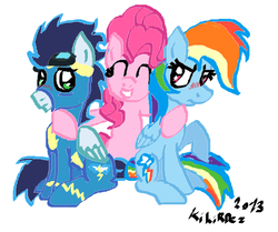 Size: 610x509 | Tagged: safe, artist:monnarcha, pinkie pie, rainbow dash, soarin', g4, ship:soarindash, shipper on deck, shipping