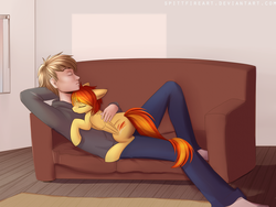 Size: 1600x1200 | Tagged: safe, artist:spittfireart, spitfire, human, pegasus, pony, g4, clothes, couch, cuddling, eyes closed, female, floppy ears, hug, human on pony snuggling, lucky bastard, male, mare, on back, on top, prone, size difference, sleeping, snuggling