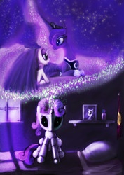 Size: 2480x3508 | Tagged: safe, artist:zolombo, princess luna, sweetie belle, alicorn, pony, robot, robot pony, unicorn, g4, dream walker luna, female, filly, foal, hooves, horn, hug, mare, night, solo, sweetie bot, wing shelter, winghug, wings