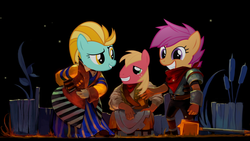 Size: 1920x1080 | Tagged: safe, big macintosh, lightning dust, scootaloo, earth pony, human, pony, g4, bastion (game), male, stallion, the kid