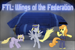 Size: 1377x920 | Tagged: safe, artist:coco, carrot top, derpy hooves, golden harvest, pegasus, pony, g4, female, ftl, mare, new lunar republic, spaceship