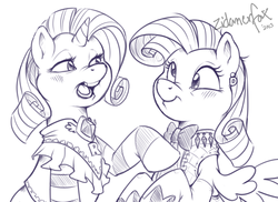 Size: 1100x800 | Tagged: safe, artist:zidanerfox, derpy hooves, rarity, pegasus, pony, g4, alternate hairstyle, clothes, dress, female, mare, monochrome