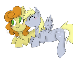 Size: 550x465 | Tagged: safe, artist:woop d.d doo, carrot top, derpy hooves, golden harvest, pegasus, pony, g4, blushing, female, lesbian, mare, nuzzling, ship:derpytop, shipping