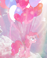 Size: 804x993 | Tagged: safe, artist:austiniousi, artist:patyv, edit, pinkie pie, earth pony, pony, g4, balloon, cloud, cloudy, halo, smiling, solo, then watch her balloons lift her up to the sky