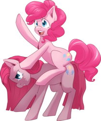 Size: 1024x1221 | Tagged: dead source, safe, artist:pyoo-kee-pony, pinkie pie, earth pony, pony, g4, duality, female, mare, pinkamena diane pie, ponies riding ponies, riding, self riding