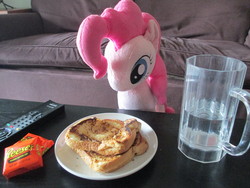 Size: 4608x3456 | Tagged: safe, artist:template93, pinkie pie, earth pony, pony, g4, female, food, grilled cheese, irl, mare, photo, plushie, reese's peanut butter cups, remote control, solo, waifu dinner, water