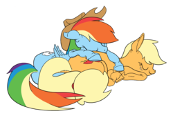 Size: 1038x710 | Tagged: safe, artist:justdayside, applejack, rainbow dash, g4, female, hooves, lesbian, ship:appledash, shipping, sleeping, unshorn fetlocks