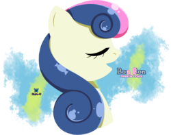 Size: 719x568 | Tagged: safe, artist:hun-u, bon bon, sweetie drops, earth pony, pony, g4, eyes closed, female, mare, open mouth, pixiv, portrait, simple background, solo, text, transparent background