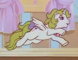 Size: 400x311 | Tagged: safe, screencap, baby surprise, alicorn, pony, g1, my little pony: escape from catrina, animation error, baby adoraprise, baby surprise can fly, baby surprisicorn, bow, cropped, cute, error, female, flying, indoors, lullabye nursery, mare, princess surprise, solo, spot the alicorn, tail bow, winged unicorn, xk-class end-of-the-world scenario