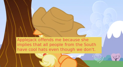 Size: 500x273 | Tagged: safe, edit, edited screencap, screencap, applejack, offensive ponies, g4, lesson zero, hat, hub logo, meta, sleeping, text