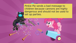 Size: 500x281 | Tagged: safe, edit, edited screencap, screencap, pinkie pie, changeling, offensive ponies, a canterlot wedding, g4, meta, party cannon, text