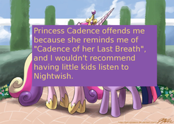 Size: 500x357 | Tagged: safe, princess cadance, twilight sparkle, offensive ponies, g4, meta, nightwish, text