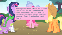 Size: 500x281 | Tagged: safe, edit, edited screencap, screencap, applejack, pinkie pie, spike, twilight sparkle, dragon, earth pony, pony, unicorn, offensive ponies, feeling pinkie keen, g4, butt, female, male, mare, meta, plot, space atlantean butt magic, text