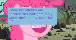 Size: 500x265 | Tagged: safe, screencap, pinkie pie, offensive ponies, g4, the cutie mark chronicles, meta, text