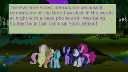 Size: 500x281 | Tagged: safe, edit, edited screencap, screencap, applejack, fluttershy, pinkie pie, rainbow dash, rarity, twilight sparkle, offensive ponies, friendship is magic, g4, actual cannibal shia labeouf, everfree forest, mane six, meta, rob cantor, shia labeouf, text