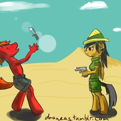 Size: 900x900 | Tagged: safe, artist:draneas, daring do, anthro, unguligrade anthro, g4, 30 minute art challenge, clothes, dead, death, gun, indiana jones, knife, parody, partial nudity, topless, x eyes